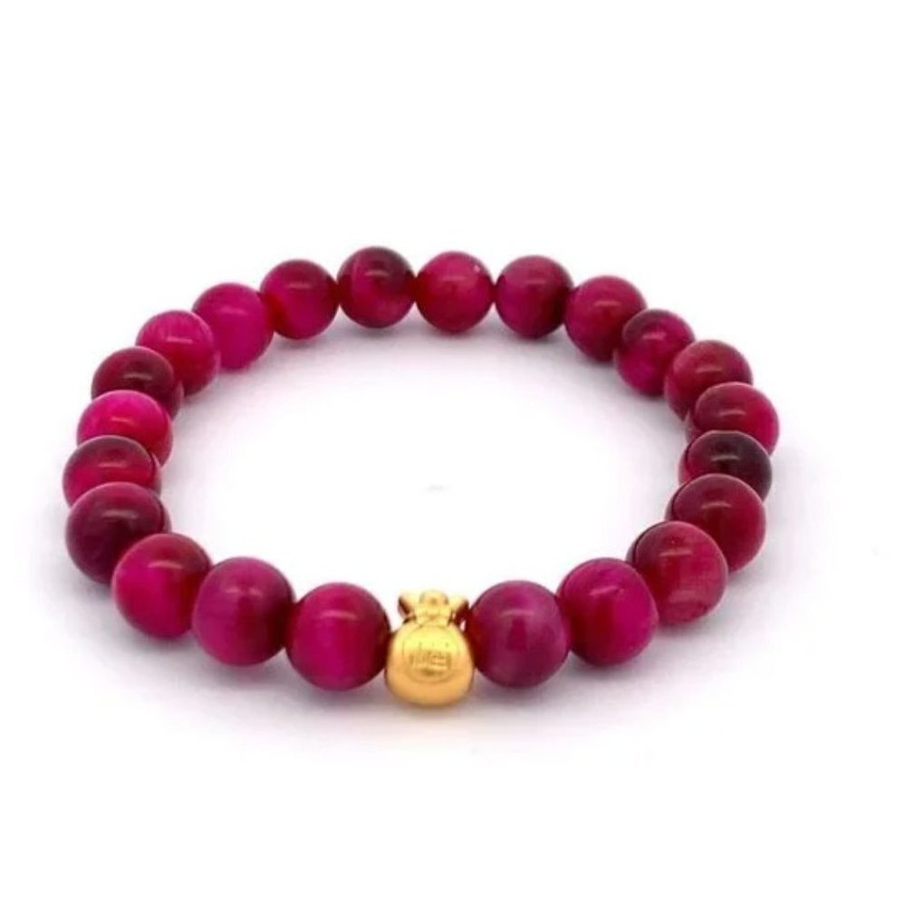 Dyed Tiger's Eye Magenta Stretchable Bracelet Size 7.5 With 24k Gold Money Bag